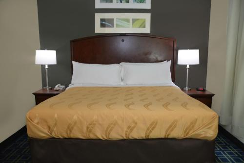 łóżko w pokoju hotelowym z 2 lampami w obiekcie Quality Inn & Suites Dublin w mieście Dublin