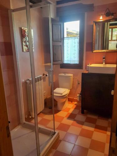 a bathroom with a toilet and a glass shower at Casa Guareña in Villabáscones de Sotoscueva