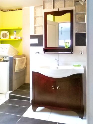 une salle de bain avec un lavabo et un miroir dans l'établissement Maison charmante près de Castelnou avec piscine privée, à Castelnou