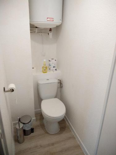 Elle comprend une petite salle de bains pourvue de toilettes blanches. dans l'établissement Charmant appartement à Cavalaire-sur-Mer avec terrasse, à Cavalaire-sur-Mer