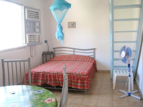 Un dormitorio con una cama, una mesa y un ventilador. en Appartement charmant à Sainte-Anne - Terrasse et Jardin, en Sainte-Anne
