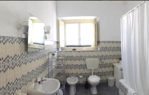 uma casa de banho com um lavatório, um WC e um espelho. em 2 bedrooms appartement at Praia do Ribatejo 200 m away from the beach with lake view enclosed garden and wifi em Praia do Ribatejo