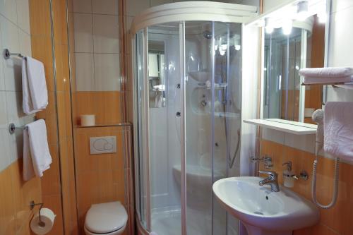 a bathroom with a shower and a sink and a toilet at Sunrise Apartments 2 in Cavtat