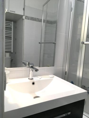 une salle de bain avec un lavabo blanc et une douche dans l'établissement Appartement cosy avec piscine partagée - Guérande - 30 m², à Guérande