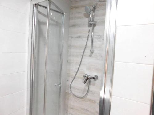 a shower with a glass door in a bathroom at Bright apartment with sea view in Għajnsielem - 120 sqm in Għajnsielem