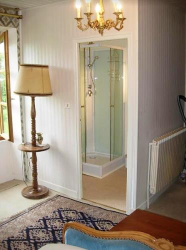 - une porte en verre menant à une douche dans la chambre dans l'établissement Appartement confortable au cœur de Vitrac - 40 m² - Vue sur jardin, à Vitrac