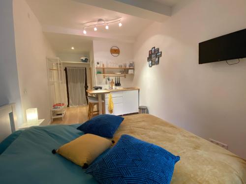 1 dormitorio con 1 cama con 2 almohadas en Studio très agréable proche de Auron, en Saint-Étienne-de-Tinée