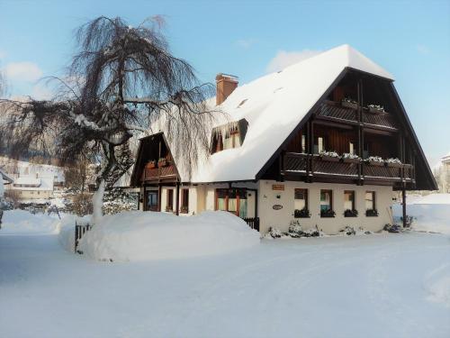 ein schneebedecktes Haus mit einem Schneehaufen in der Unterkunft Ferienhaus im Park in Hinterzarten