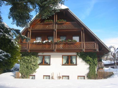 a house with a balcony in the snow at Ferienhaus im Park in Hinterzarten