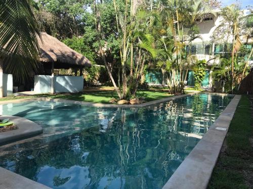 una piscina frente a una casa con árboles en Casa la Selva, en Cancún