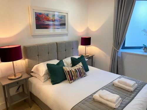 um quarto com uma cama com almofadas e 2 candeeiros em Urban Living's - The Burley Luxury City Apartment em Oxford