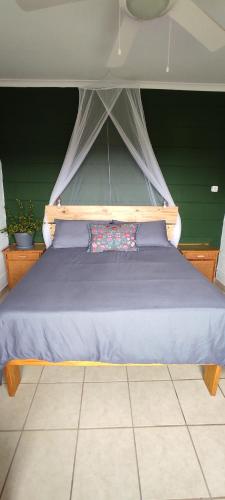 a bedroom with a blue bed with a canopy at 19 Marina Glen in Southbroom