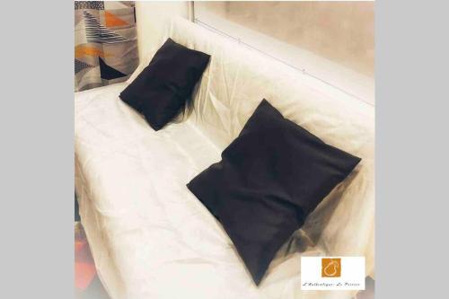 ein weißes Bett mit zwei schwarzen Kissen darauf in der Unterkunft L'Authentique - Le Poirier in Orléans