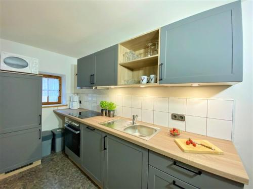 eine Küche mit einer Spüle und einer Arbeitsplatte in der Unterkunft City Apartment in Oberammergau