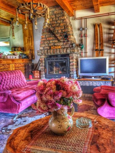 a living room with a couch and a fireplace at Konak Umoljani in Umoljani