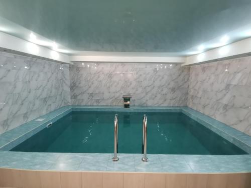 a swimming pool with two metal bars in a bathroom at Hotel Milana in Orenburg