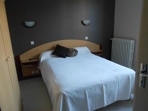 una camera da letto con un gatto steso sopra di Hotel de la Gare a Noyers-sur-Cher