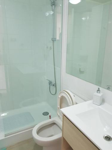 een badkamer met een toilet, een douche en een wastafel bij Apartamento con jardin a pasos del mar La Serena in La Serena