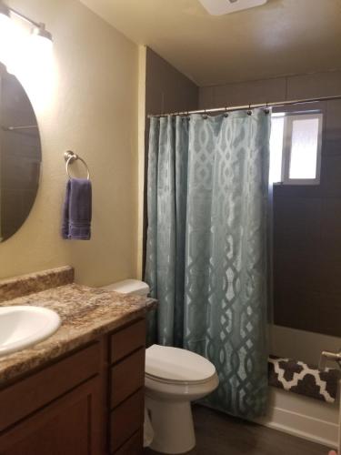 a bathroom with a toilet and a shower curtain at Southwest Tucson Gateway in Tucson