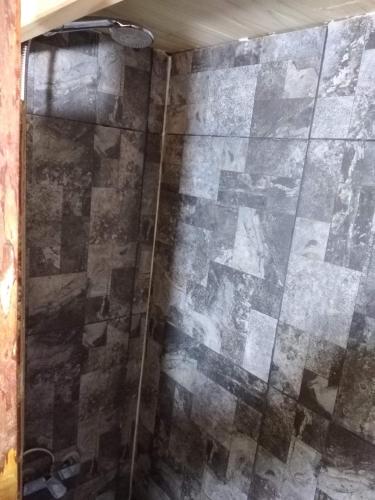 a shower with a glass door in a bathroom at Fío Fío Patagonia in Chaitén