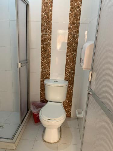 a bathroom with a toilet and a shower at Hotel Marialu in Ocaña