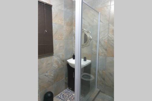 a bathroom with a sink and a glass shower at Holiday Home in Port Elizabeth