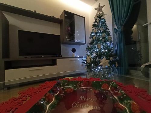 un árbol de Navidad en una sala de estar con TV en Omega, en Doboj