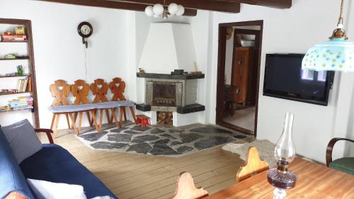 a living room with a couch and a fireplace at Chalupa na Jelení in Jelení