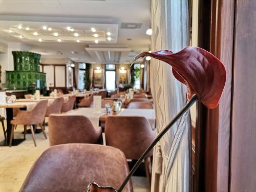 una flor roja en la pared de un restaurante en Nimród Bioszálloda és Bioétterem, en Karcag