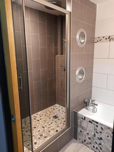 a shower with a glass door in a bathroom at Colmar Historic Center - LES CLEFS DE COLMAR - BookingAlsace in Colmar