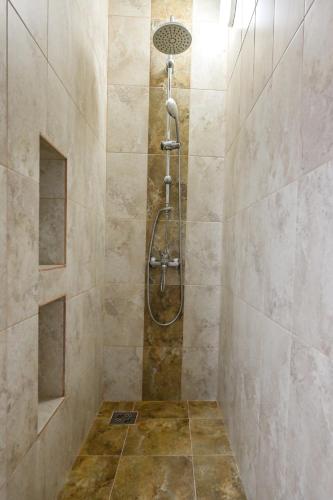 a shower with a shower head in a bathroom at Transilvania Studio in Sibiu