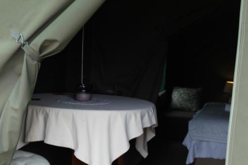 a white table with a vase on top of it at Otium Oasis Glamping & Camping in Hartebeest Rivier