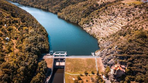an aerial view of a dam on a river at Penzion U Kapličky in Znojmo