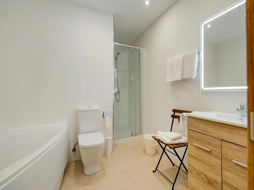 a white bathroom with a toilet and a shower at Hostal Restaurante La pinta in Ampuero