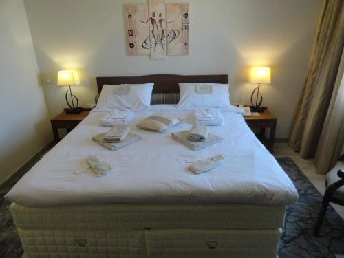 a bedroom with a large white bed with two lamps at Hotel Rodovoli in Konitsa