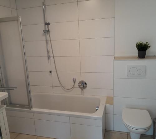 a bathroom with a bath tub and a toilet at Ferienwohnung Zürcher in Chieming