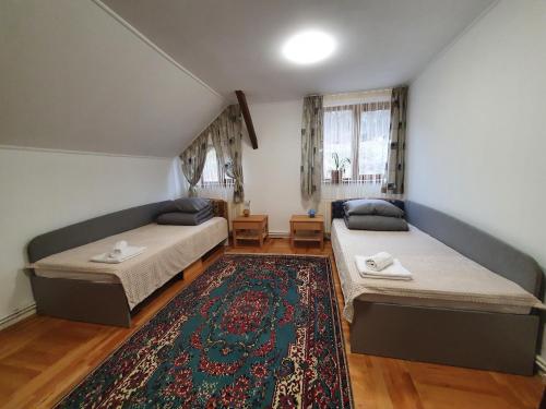 two beds in a room with a rug at Agropensiunea Căprioara in Mintia