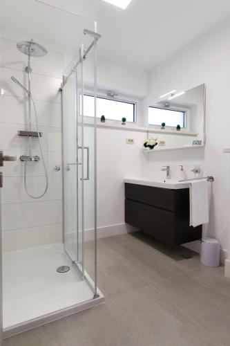 a bathroom with a glass shower and a sink at Villa Jure - Heated Pool, Sauna, Tennis & Mini Golf I Dalmatia Hinterland in Župa