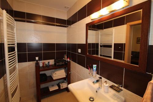 La salle de bains est pourvue d'un lavabo et d'un miroir. dans l'établissement Apartman Baska, à Veľký Slavkov