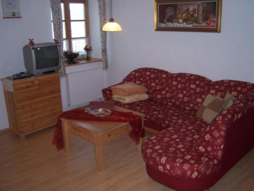 a living room with a red couch and a tv at Irgenbauer in Chieming