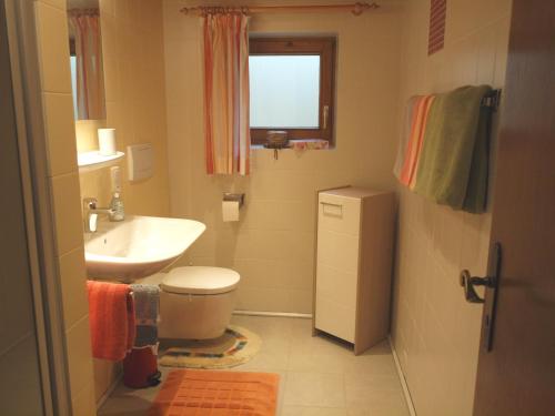 a bathroom with a sink and a toilet and a window at Haus Rosi Göhl in Bad Hindelang