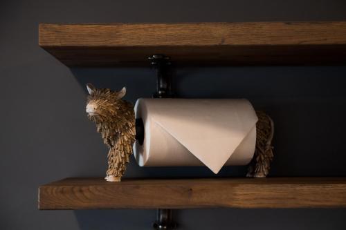 a toilet paper dispenser on a wooden shelf at Courtyard at Crail in Crail