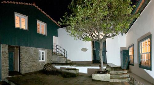 un arbre dans la cour d'une maison avec un bâtiment dans l'établissement Casa Da Avo - Turismo De Habitacao, à Torre de Moncorvo