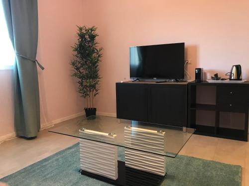 un salon avec une télévision et une table en verre dans l'établissement Borgo Palombaio Home, à Catane