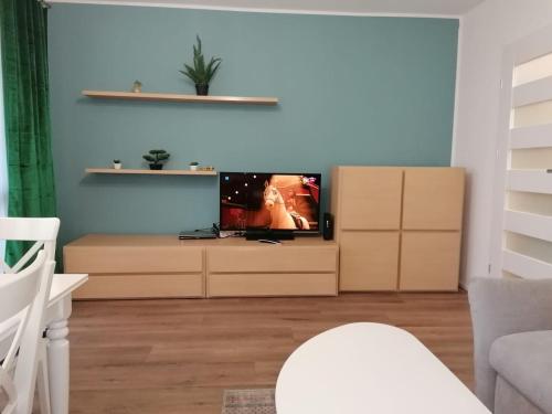 un salon avec une télévision sur une armoire dans l'établissement Mieszkanie Konin Zatorze, à Konin