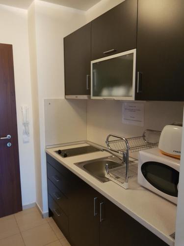 una cucina con lavello e microonde di Borovets Gardens Apartments TMF a Borovets