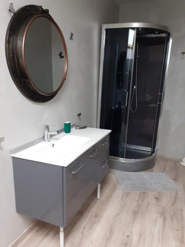 a bathroom with a sink and a mirror at Gite Vallée et Semoy in Tournavaux