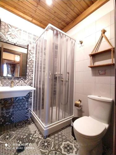 a bathroom with a shower and a toilet and a sink at Rustic House in Émbonas