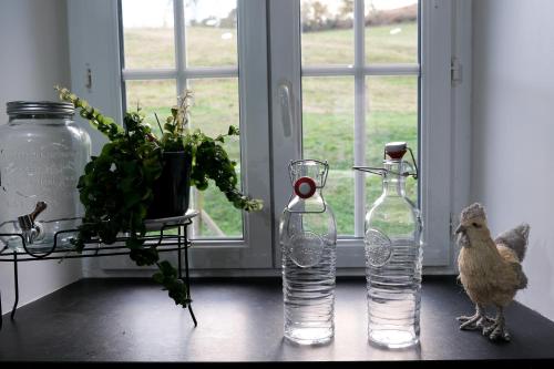 two glass bottles sitting on a table next to a window at Au Nid de Caroline gîte 4 étoiles in Arette