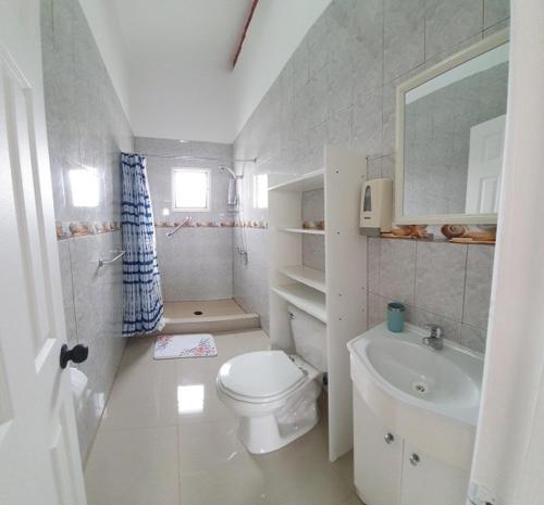a white bathroom with a toilet and a sink at Club de Campo Alto Copiapó in Piedra Colgada